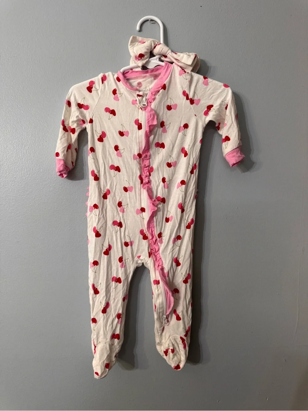 Baby Girls Pink Cherry Print One-Piece bamboo Footed Pajamas with Matching Bow